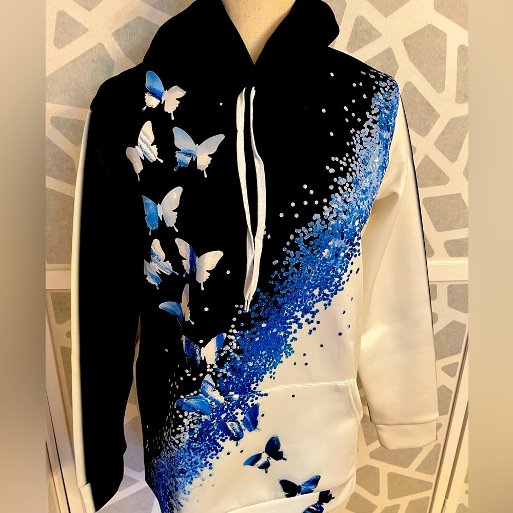 Butterfly Hoodie Sweatshirt Size Medium. NEW & Very Pretty Blue,Black & White